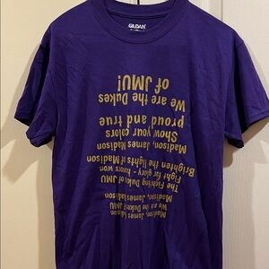 JMU Purple T‑Shirt with Gold Upside‑Down Text